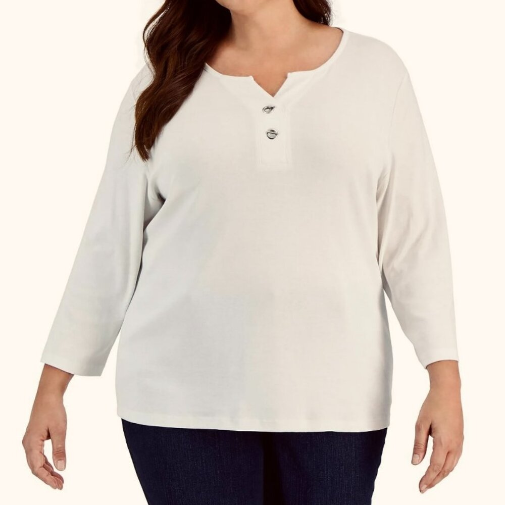 NEW! Karen Scott Blouse Long Sleeve 100% Cotton $39.50 Plus 3X White Top‎